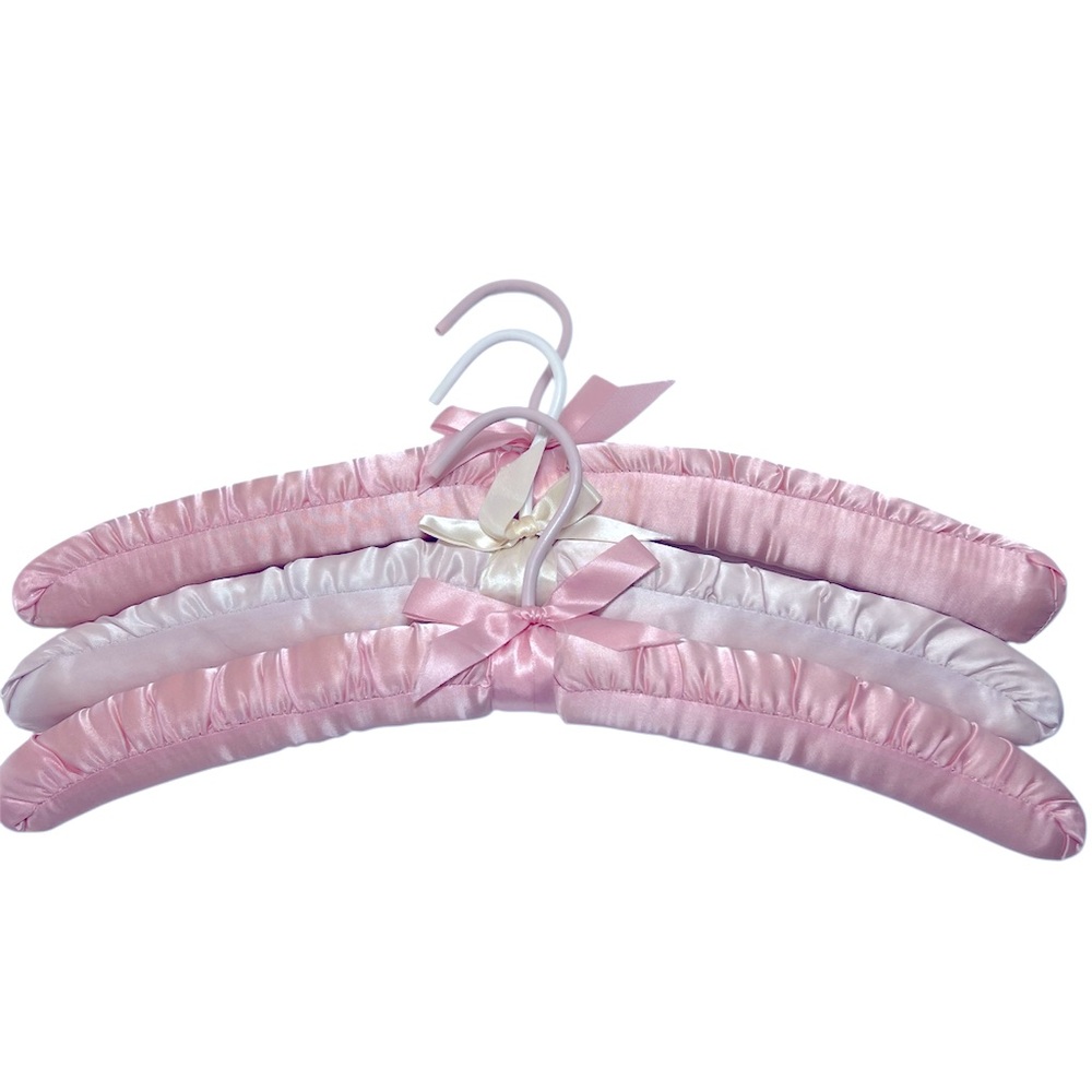 Three Luxurious Padded Satin Hangers-2 Pink and 1 White Hanger.